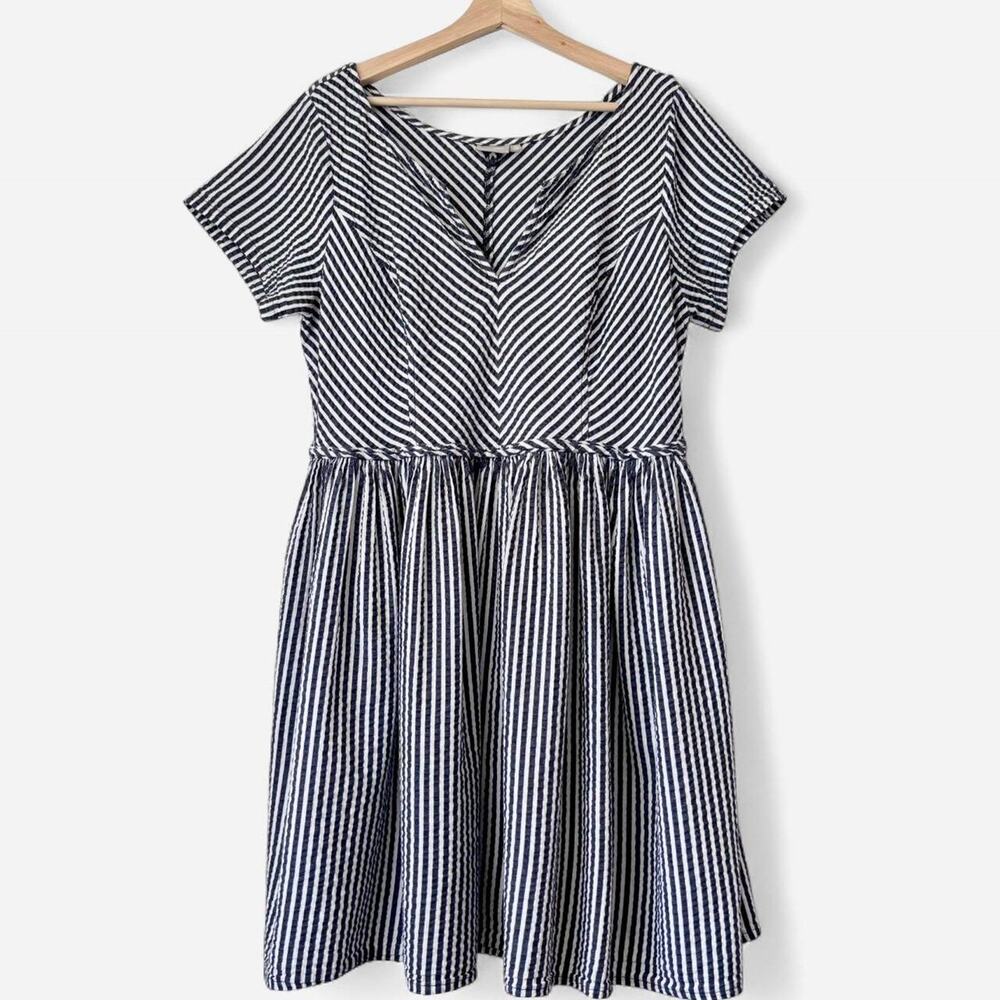 eShakti 100% Cotton Striped Seersucker Babydoll Dress Coastal Nautical Size L